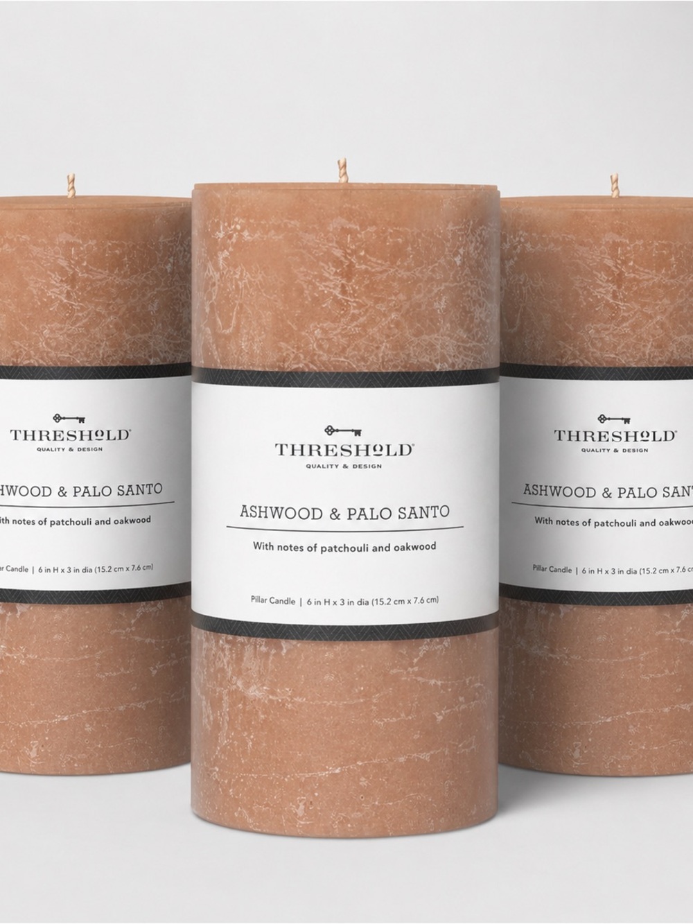 3 Pk 6" x 3" Pillar Ashwood and Palo Santo Candle Tan - Threshold Scented